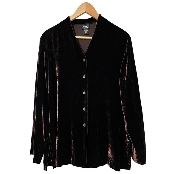 Eileen Fisher Button Velvet Blouse Top Size M Brown Forest Fairy Silk Blend - Picture 1 of 5